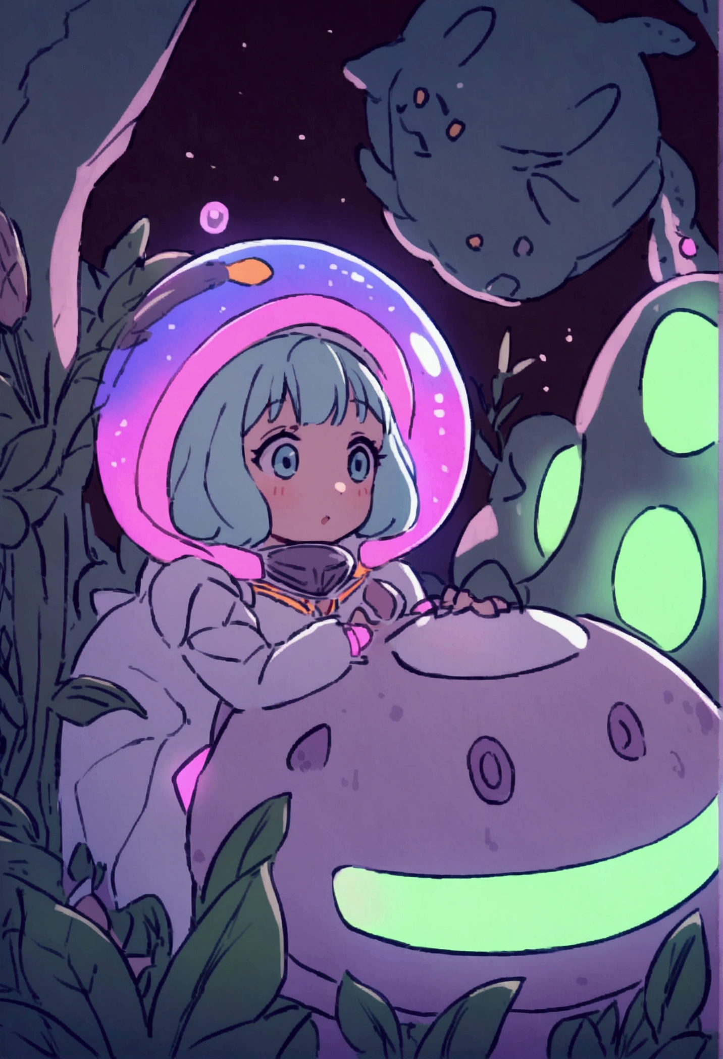 Kimetsu no yaiba style girl with green hair and dark skin sitting on her back looking at the moon