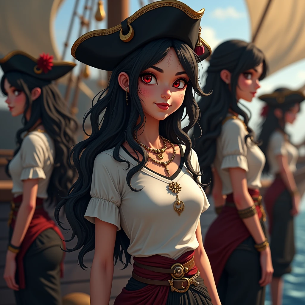 (masterpiece), victoria secret model,  highly detailed face, hires, pirate girl, Pirate eye patch, medieval sword, gun belt, cutlass, pirate ship, sailing vessel, sea, nsfw, perfect rounded boobs, perfect body shape, ((black tattoos over the entire body)), legendary outfit