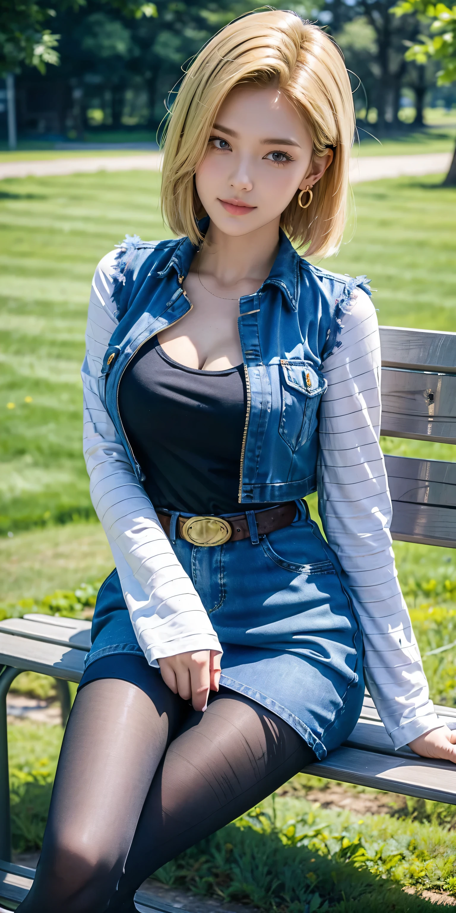 Android 18, Light Blonde hair, Medium Bob hair, Blue eyes, Wearing earrings, Long sleeves, Light blue denim mini skirt, There is a zipper seam line in the exact center of the front of the denim skirt, and the thick white seam line and stitching continue very clearly in a straight white dotted line all the way to the bottom of the denim skirt, Open-chested denim vest, Black T-shirt with high cleavage, Large breasts, Belt, Dark brown see-through pantyhose, Western short boots, Looking at viewer, Slight smiling with closed lips sitting, On bench, She raised her right leg and gently placed the heel of her right boot on another very low bench in front of her, Blue sky, sit on a bench, outside, park, grass, Summer, trees, blue sky, high quality, masterpiece,