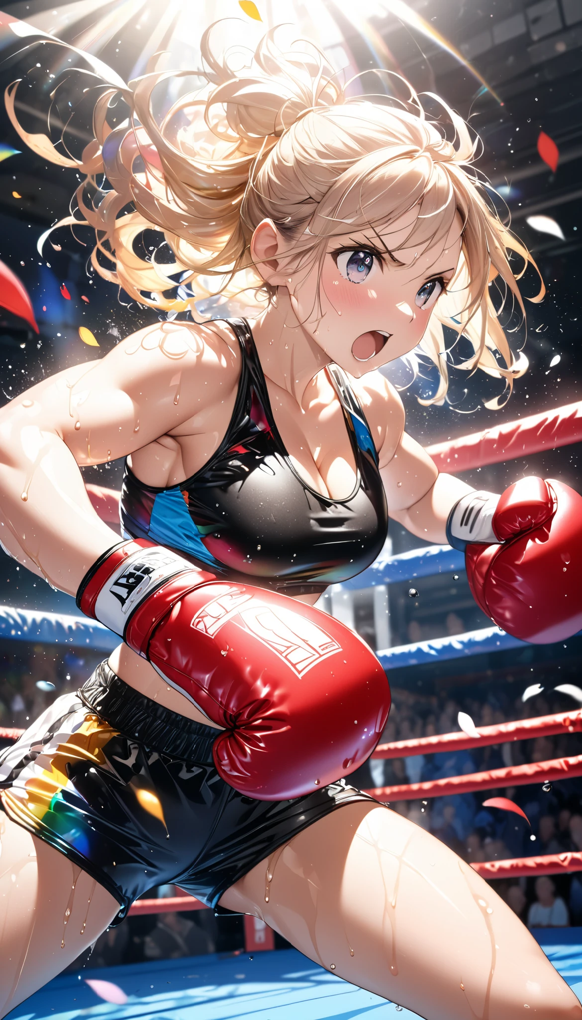 masterpiece,best quality,1girl,chibi,mordred \(fate\),ponytail,green eyes,braid,light frown,boxing gloves,midriff,sports bra,navel,punching,pants,shorts,clenched teeth,teeth,<lora:MordredV3:1>,