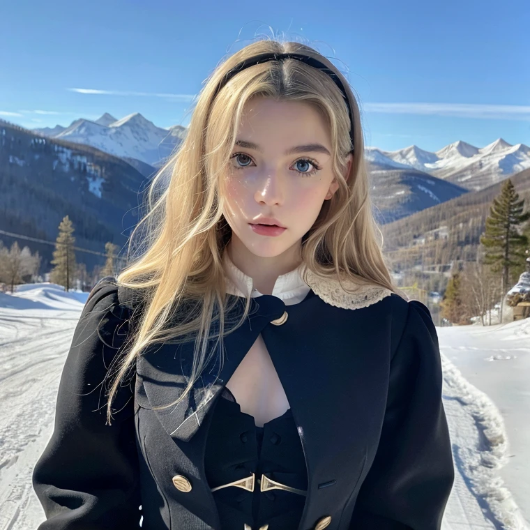 Pretty woman,cute,huge natural breasts, blonde hair curly/flowing, detailed dark BLUE eyes and face, not to skinny, make it ultra-realistic, western european girl, in the snow in the mountains, military uniform (modern military clothing elelments), extremely detailed blue eyes, extremely long wavy blonde hair.