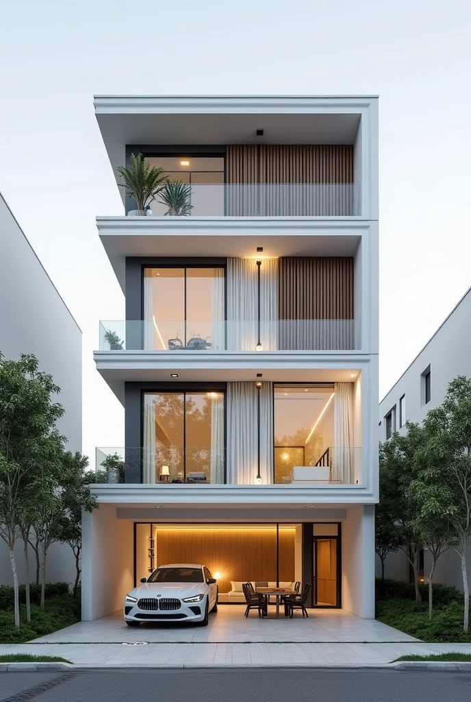 Modern architecture of 4-storey townhouse with 5m facade, facade sun protection architecture