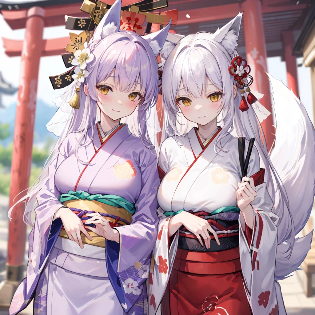 Masterpiece, high resolution, high quality, bedroom, night, 2 girls, (white kimono, red hair ornament, big, cat ears, floral pattern, yellow eyes, white hair, twin tails), (lilac kimono, purple hair ornament, big, floral pattern, blue eyes, blonde, ponytail), NSFW,