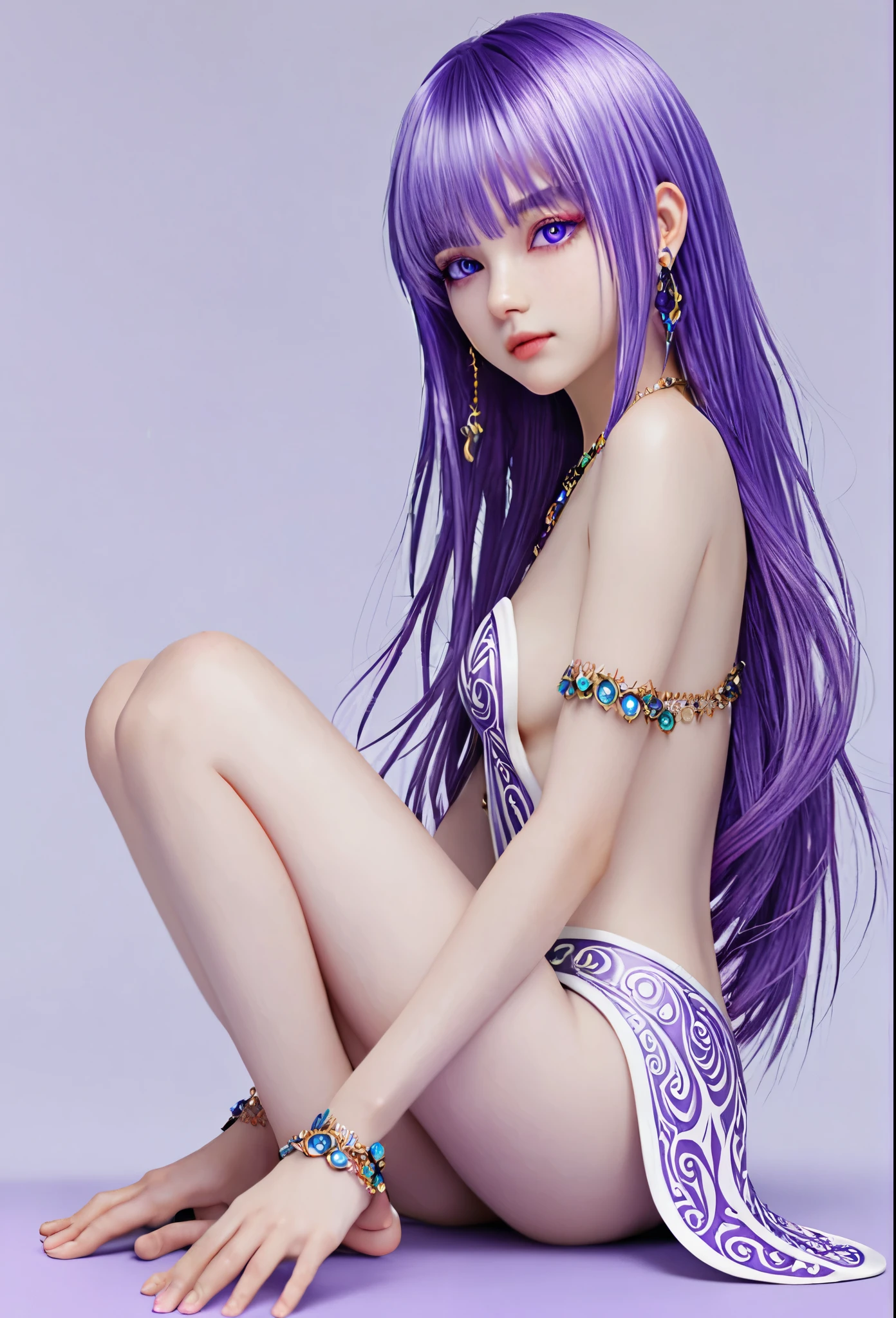 (high resolution),4D,Octane Rendering,(beautiful detailed eyes), (white skin:1.8,fair skin,smooth skin), (1 girl:1.52), (purple hair:1.35), (heterochromic eyes),(purple eyes:1.37), (sparkling eyes), perfect body,anklets,armlets,kneeling,bent over,close of butt,from left side,