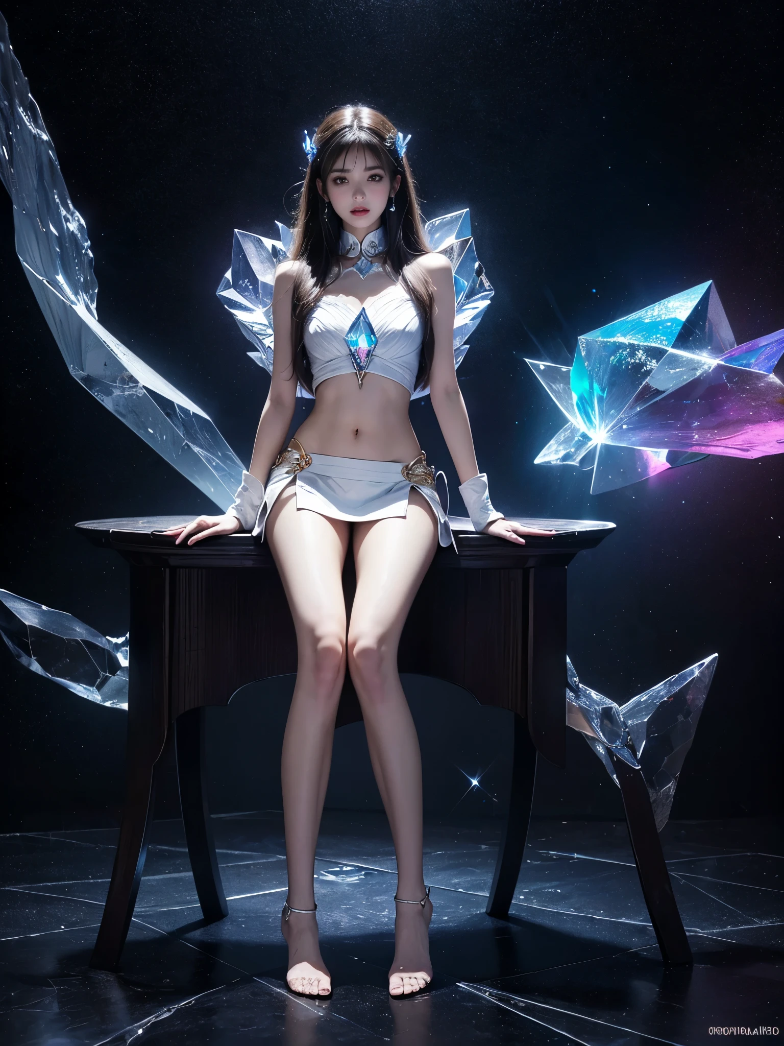 (8k RAW Photo, full body photograph, sharp detail, crisp detail, high detail, 17 years old girl, medium breast, ideal body, full body photograph), anya geraldine, anya_geraldine, (naked, nude), ice queen, spreading legs on the throne in a crystal castle, BSP