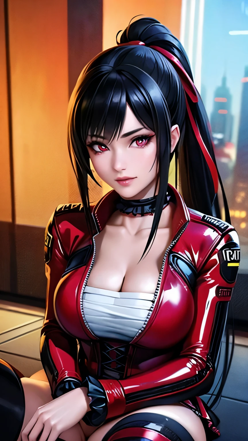 red eyes, (highest quality, masterpiece painting:1.3), immature woman, , (half body shot), masterpiece, ultra high resolution, (Photoreal:1.0), black hair, ponytail, straight hair, beautiful shining hair, white and shining skin, ((Ultra realistic details)), octane rendering, highly detailed face, (big breasts:0.8), complete pilotsuit, adjusted pilotsuit, (red pilotsuit),cleavage, perfect body, soft skin, anime face, perfect face, perfect eyes, looking at the viewer, smart, deep in the night, Moon Night, The rooftop of a building overlooking the city, Night sky with the moon shining, photon mapping, Radio City, ((fantastic night)), ((outdoors)), sharp focus, intricate details, professional artwork, (bright colors:1.1), bright colors, diffused lighting, digital blending, ultra-definition body, ultra detail hair, super detailed face, trending on pixiv, top button open, Cute gaze, compensate, perfect lips, perfect compensate, Ultra-precision coating,  (glare :1.0), BREAK ((gothic ta, cute punk fashion):1.3), (wear a long sleeve red latex jacket over a black corset:1.4), (collarbone:1.3), (red A-line multilayer tiered miniskirt with ruffles:1.3), (red latex overknee socks with garter belt:1.3), (red hight platform boots with heels:1.2), (choker with red and black plaid ribbon:1.3),