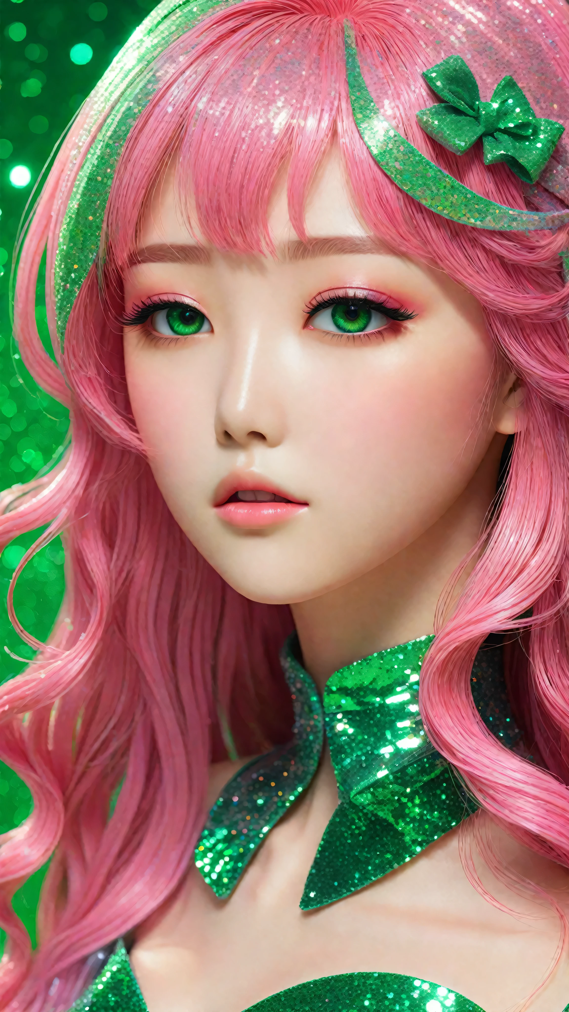 a young japanese girl with slender body, big breasts, long flowing pink and green hair, green eyes, glitter skin, covered in glitter, sparkling, 3D, anime, manga style, ulzzang, porcelain doll, bright colors, shimmers, clear details, beautiful appearance, perfect anatomy, (best quality,4k,8k,highres,masterpiece:1.2),ultra-detailed,(realistic,photorealistic,photo-realistic:1.37)