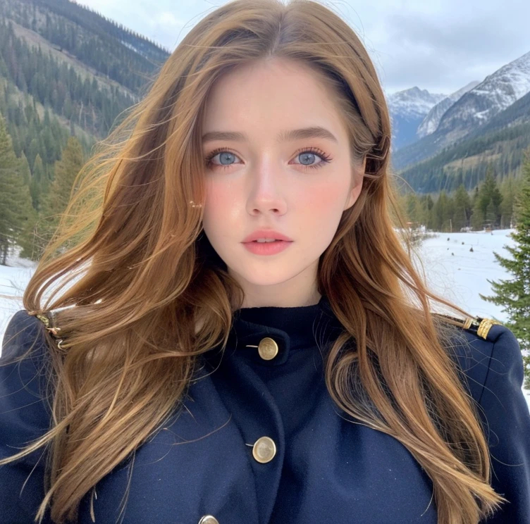 Pretty woman,cute,huge natural breasts, blonde hair curly/flowing, detailed dark BLUE eyes and face, not to skinny, make it ultra-realistic, western european girl, in the snow in the mountains, military uniform (modern military clothing elelments), extremely detailed blue eyes, extremely long wavy blonde hair.