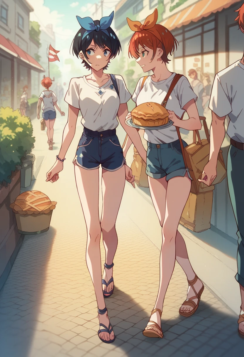 Obra de arte,  top quality, A woman, Ruka Sarashina, de Rent-a-Girlfriend,  white shirt, blue short shorts,  bare legs, with sandals, pies with sandals,  walking down the street , the flag