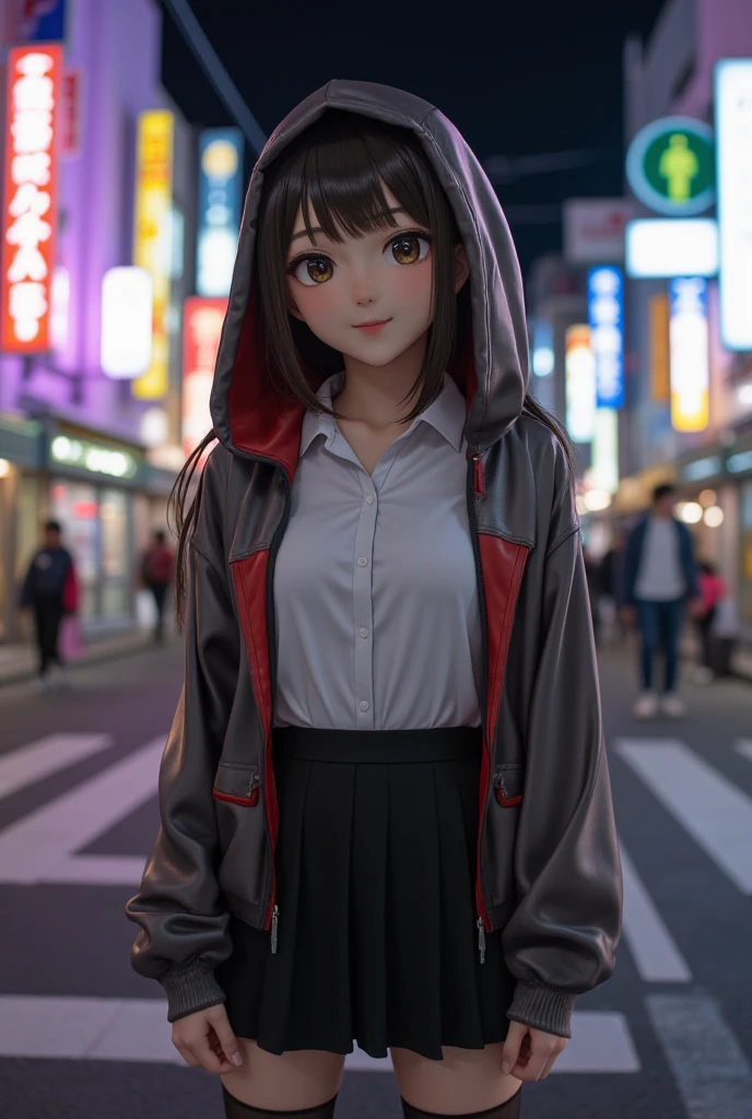 (masterpiece, best quality, highres:1.2), 1other, city, medium hair, light brown hair, bangs, black eyes, realistic, korean, teenage, large breasts, treading, padded coat, boring, closed mouth, (from side:0.6), cowboy shot