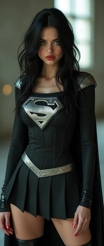 A BUSTY SEXY FEMALE WITH MEDIUM LONG MESSY BLACK HAIR, DREAMY GREEN EYES, WEARING A ONE PIECE BLACK SUPERGIRL TOP WITH A BIG SHINY SILVER "S" EMBLEM ON HER CHEST, A PLEATED SHORT BLACK SKIRT WITH A SILVER LEATHER BELT, LONG BLACK BOOTS WITH SILVER TRIM, AND A LONG BLACK CAPE. RED LIPSTICK, RED FINGERNAILS. INCREDIBLY DETAILED PALE WHITE SKIN, INCREDIBLEY DETAILED FACE, INCREDIDBLEY DETAILED CLOTHING, TEXTURED SKIN PORES, TEXTURED HAIR, 8K ABSURD RESOLUTION, MASTERPIECE. PHOTO REALSITIC, HYPER REALISTIC. CHAOTIC BACKGROUND. 16K RESOLUTION. PREFESSIONAL GRADE IMAGE.