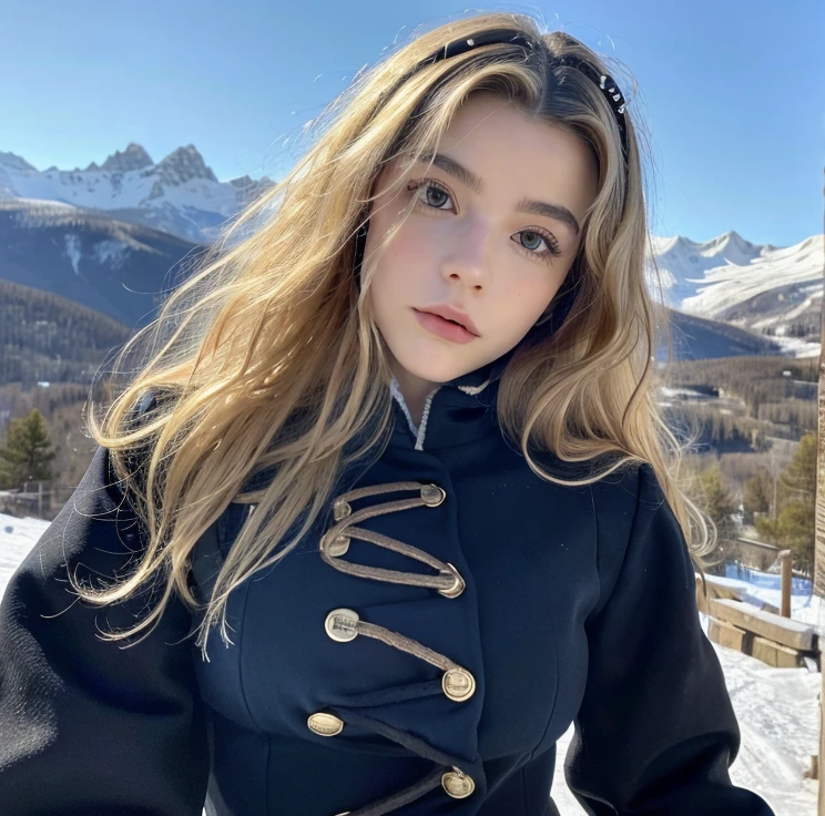 Pretty woman,cute,huge natural breasts, blonde hair curly/flowing, detailed dark BLUE eyes and face, not to skinny, make it ultra-realistic, western european girl, in the snow in the mountains, military uniform (modern military clothing elelments), extremely detailed blue eyes, extremely long wavy blonde hair.