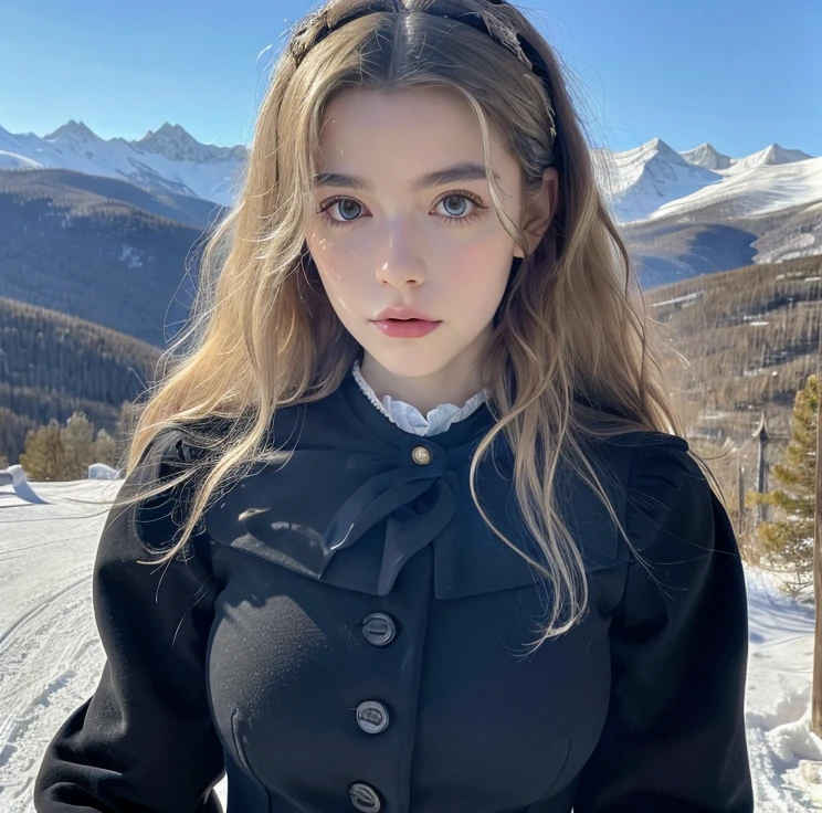 Pretty woman,cute,huge natural breasts, blonde hair curly/flowing, detailed dark BLUE eyes and face, not to skinny, make it ultra-realistic, western european girl, in the snow in the mountains, military uniform (modern military clothing elelments), extremely detailed blue eyes, extremely long wavy blonde hair.