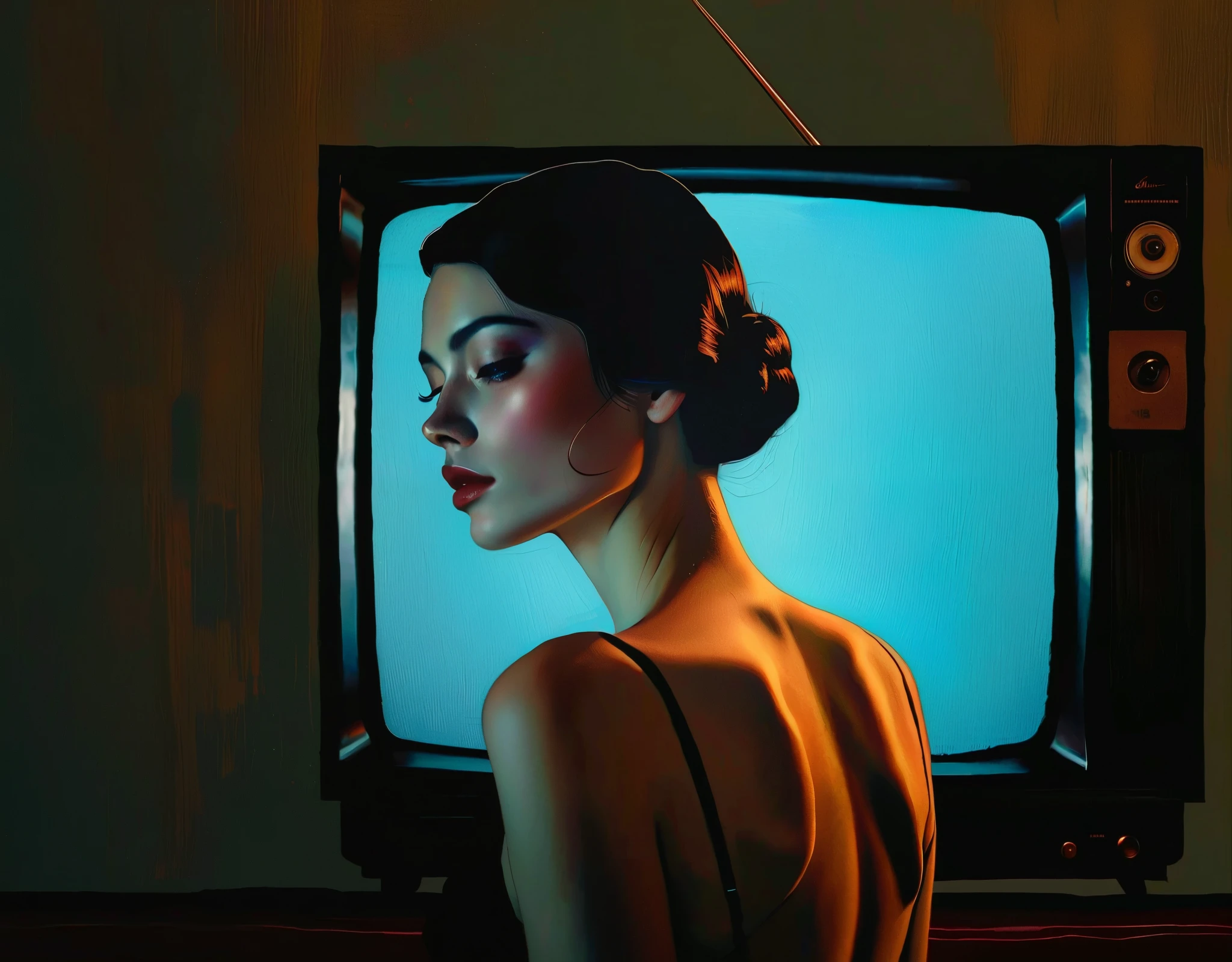 chiaroscuro technique on sensual illustration of an elegant woman, analog tape, vcr aesthetics, tv, television color, eerie, matte painting, by Hannah Dale, by Harumi Hironaka, extremely soft colors, vibrant, highly detailed, digital artwork, high contrast, dramatic, refined, tonal, golden ratio, embracing change