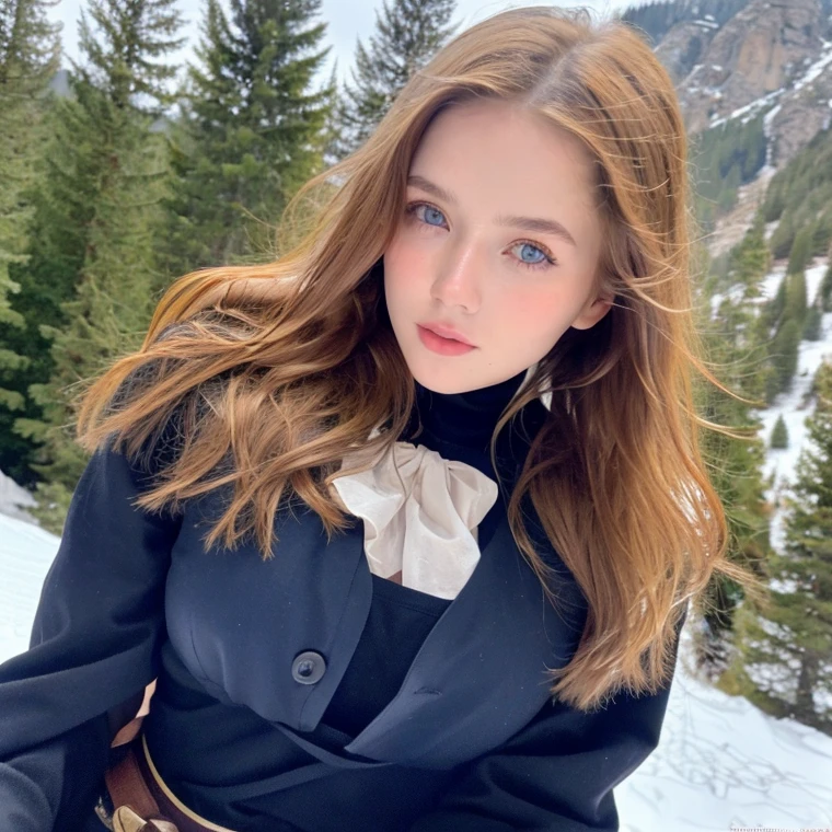 Pretty woman,cute,huge natural breasts, blonde hair curly/flowing, detailed dark BLUE eyes and face, not to skinny, make it ultra-realistic, western european girl, in the snow in the mountains, military uniform (modern military clothing elelments), extremely detailed blue eyes, extremely long wavy blonde hair.