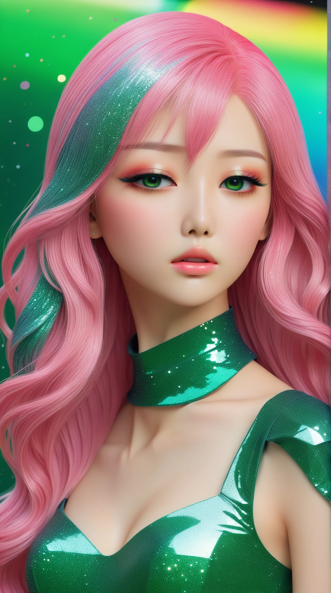 a young japanese girl with slender body, big breasts, long flowing pink and green hair, green eyes, glitter skin, covered in glitter, sparkling, 3D, anime, manga style, ulzzang, porcelain doll, bright colors, shimmers, clear details, beautiful appearance, perfect anatomy, (best quality,4k,8k,highres,masterpiece:1.2),ultra-detailed,(realistic,photorealistic,photo-realistic:1.37)