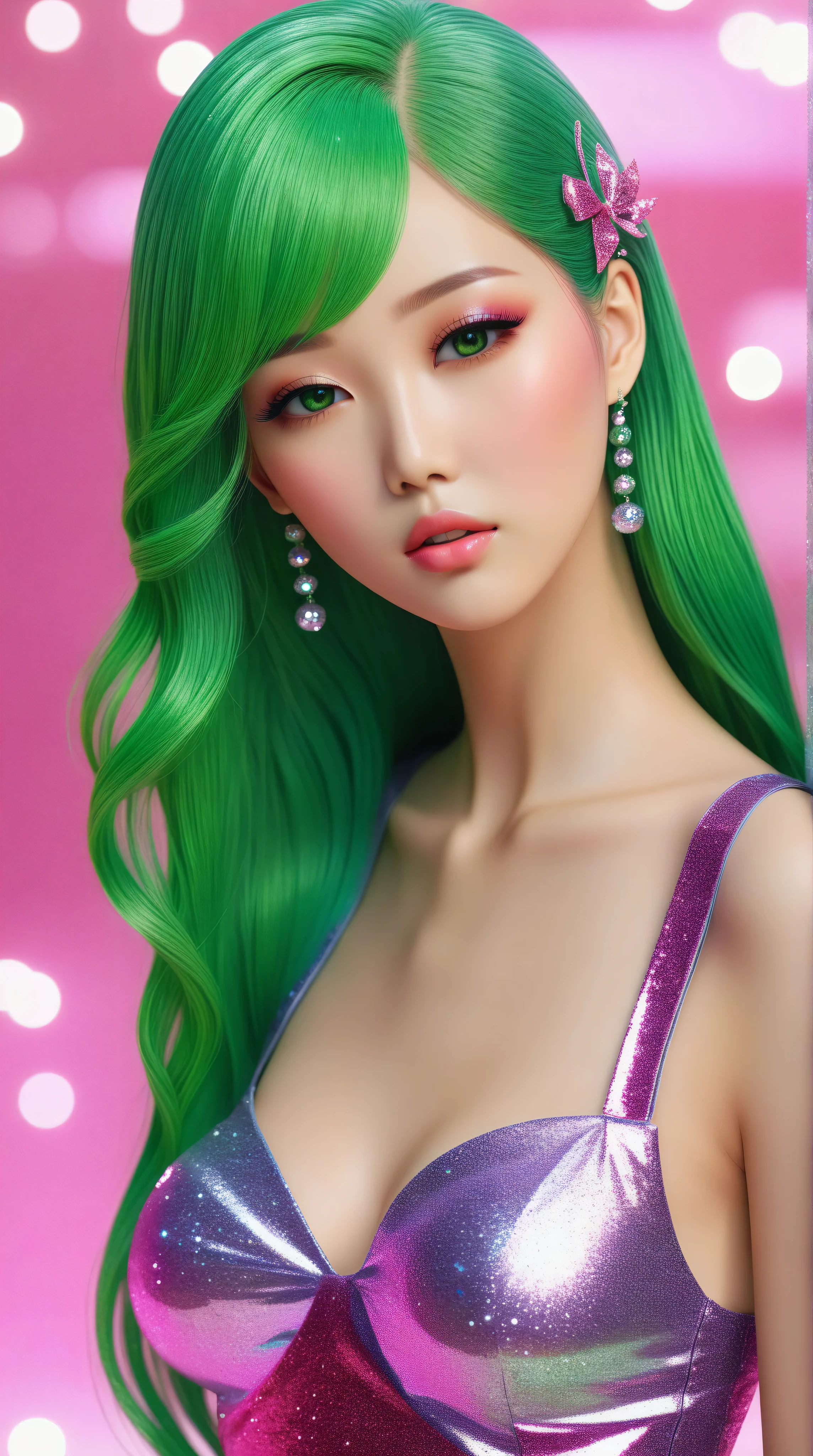 asian woman with slender body, big breasts, long flowing pink and green hair, green eyes, glitter skin, covered in glitter, sparkling, 3D, anime, manga style, ulzzang, porcelain doll, bright colors, shimmers, clear details, beautiful appearance, perfect anatomy, (best quality,4k,8k,highres,masterpiece:1.2),ultra-detailed,(realistic,photorealistic,photo-realistic:1.37)