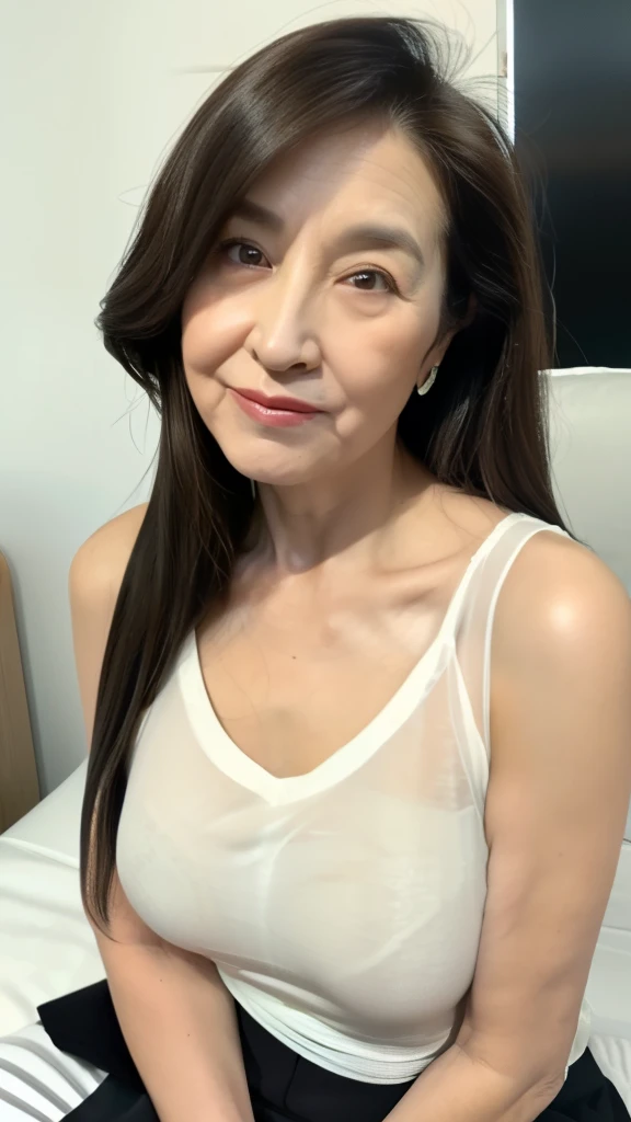   High image quality,   High image quality,     Attention to details  , masterpiece,(An aging body),    is anatomically accurate  , sharp, (( Japanese:1.1)),((Mature Woman)),(90 years old:1.5),( Wrinkles on the outer corner of the eye),Dark brown hair ,(Long Hair:1.1), bangs,((( Brown Mary Jane stuffed toy sitting on bed ))), Be in the center of the screen,Looking Ahead,(sheer tank top shirt :1.4),(White Skirt:1.2),( head to thigh   :1.1),In the bedroom,(  serious expressions:1.2),(elder:1.6),housewife:1.3,Narrow Face,sharpcontour,