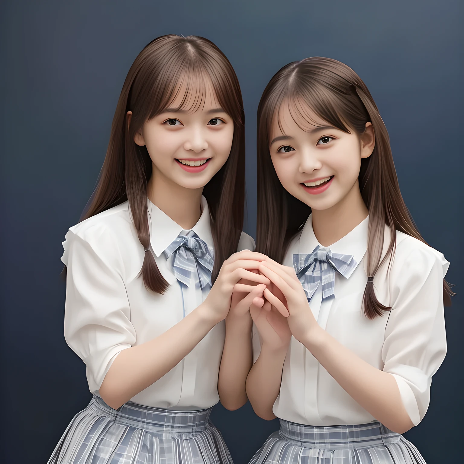 (Highest quality, masterpiece:1.2), Highest quality, High resolution, 1080P, 8k, height: 158cm, (Two yo Japanese beautiful idols are seated and touching hands together, facing each other, cute skirt with beautiful knees, putting her hands front and beautiful fingers, looking at the viewer, can't stop showing cute smile open mouth because of feeling too funny about the viewer, very white-white face, very proud of her long straight hair, using face-whitening cosmetics, 13irl's prominent eyes, opened laughing giggling most open mouth, too expensive luxurious glossy feminine frilled ivory silk blouse, woolen navy-checkered-pleats-school-skirt and bewitching ribbon on the breast, well-straitened super-super-long well-trimmed long hair: 1.5), (white thighs and knees: 1.7), (Well-balanced, prominent, lovely, drooping, double-eyelids, brown shiny large prominent eyes of 13yo il with detailed: 1.5), ((Beautiful well-figured glossy opened laughing lips: 1.2)), (mature breast), (Girl whom everyone loves because of her beauty and beautiful eyes and lovely fashion and noble manner), (Very beautiful, super-glossy, cute neat black amazingly long hair, straight well-done long hair-style: 1.3), (plain blue background: 1.6), (Best style like a 14yo fason model, mature breast), (((Completely balanced beautiful big big eyes, looking at me))), (eyes, face and hair are especially beautifully detailed and beautifully drawn: 1.5), (Satisfactory best shot by professional famous photographer for school girl's beauty: 1.5), (The soft white light clearly shows her face extremely white: 1.2), (Feel too luxurious and expensive, girly frilled), (KANKO uniform, Twins, A pair of cute slender 14yo Japanese idols, Super long hair 13yo beautiful super-cute 13yo idol of girls photo magazine in Japan are holding shampoo bottle together by hands: 1.8)