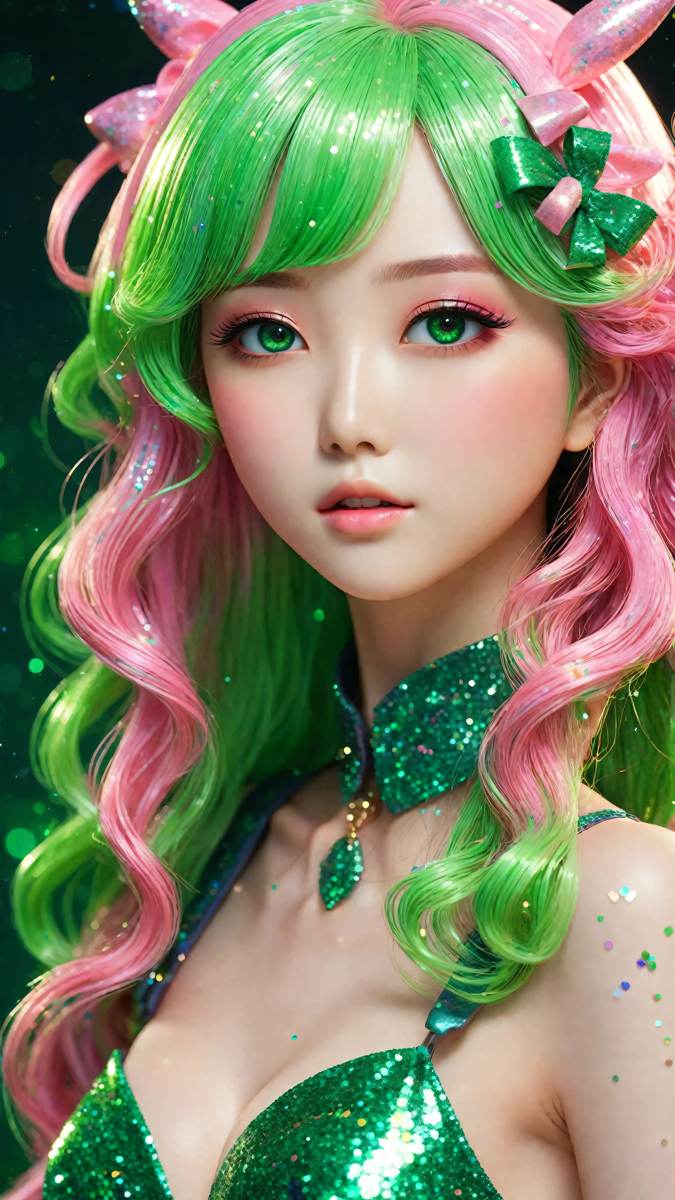 a young japanese girl with slender body, big breasts, long flowing pink and green hair, green eyes, glitter skin, covered in glitter, sparkling, 3D, anime, manga style, ulzzang, porcelain doll, bright colors, shimmers, clear details, beautiful appearance, perfect anatomy, (best quality,4k,8k,highres,masterpiece:1.2),ultra-detailed,(realistic,photorealistic,photo-realistic:1.37)