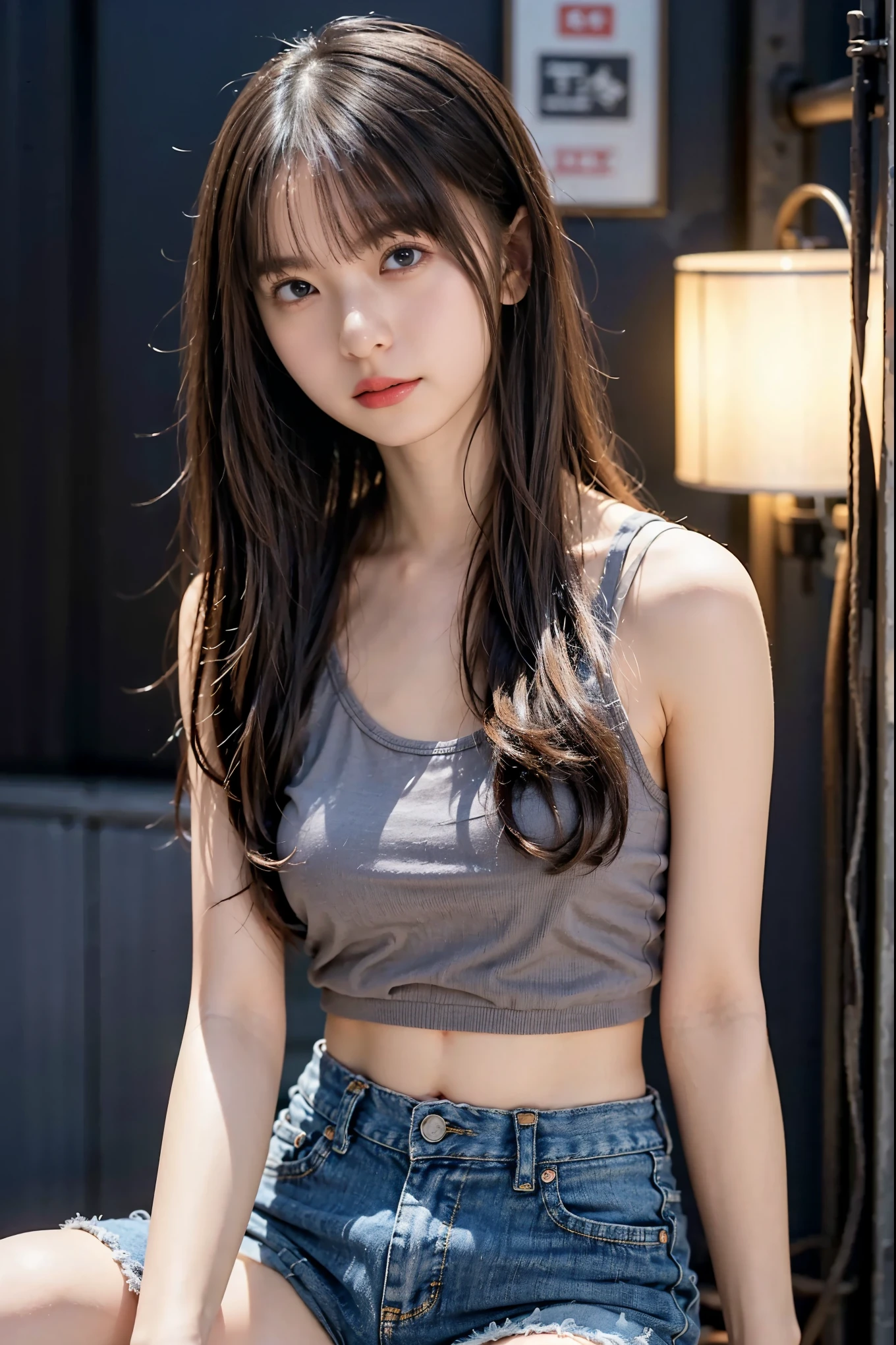 nsfw、***One person、In the city of Tokyo、Cityscape、Downtown at night、neon、The sign is dazzling、 upper body、Close-up、 long hair with dark brown hair、、(8k、 Uncut Pictures 、top-quality、masterpiece:1.2)、(Realistic、photoRealstic:1.37)、 Highly Detailed Lash Drawing in a Dark Back Alley in Tokyo 、((( best image quality))), slender。 fine skin, (Beautiful Hair), (perfect anatomy), (Realistic), sensual expression, top-quality, Hi-Res, (((full bodyesbian)))、 damage denim shorts、gray tank top showing belly、( sneakers)、 is facing the front、