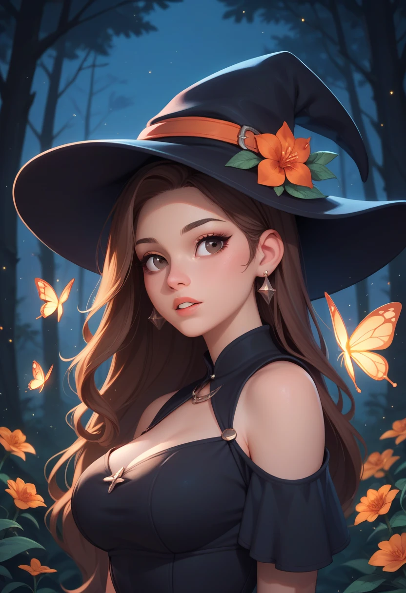 th3t4styl3, 1girl, flower, forest, brown hair, hat flower, nature, looking at viewer, earrings, witch hat, brown eyes, bug, red flower, black headwear, from side, upper body, parted lips, long hair, tree, witch, night, breasts, outdoors, orange flower, light particles, glowing butterfly, looking to the side, black dress, hair over shoulder