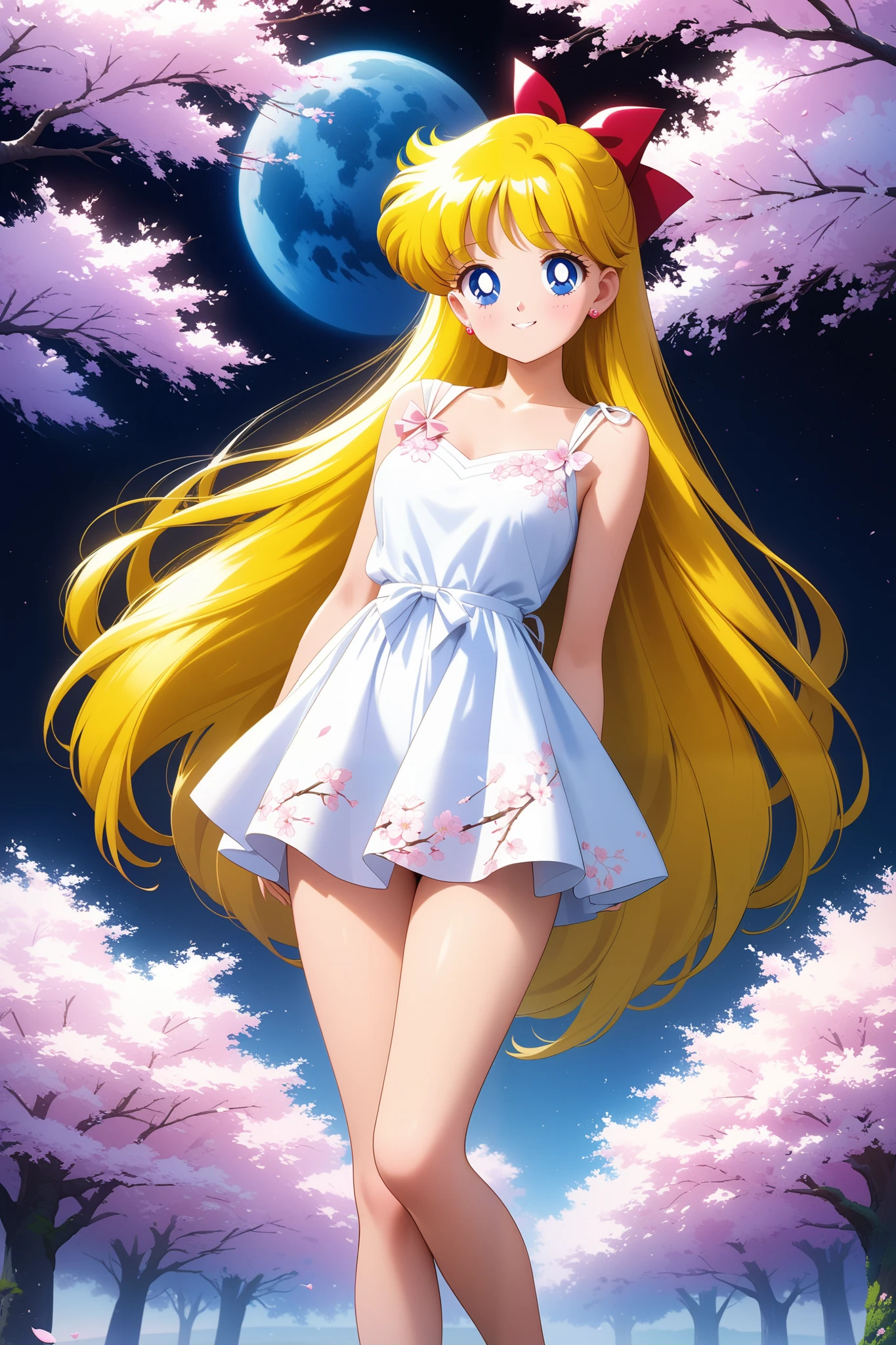 colorful, (masterpiece, best quality, very aesthetic , ultra detailed), intriguing details , 4K, aavenus, long hair, blonde hair, combed to the side, earrings, blue eyes, 1girl, usagi's birthday, cute white dress, pink cherry blossoms printed, smile,  detailed background, intricate details, black night, full body standing、Depicts the whole body