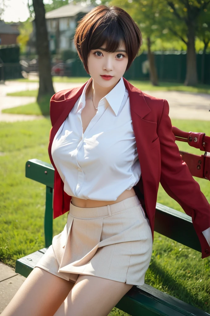 a girl at the park who is sitting on the bench with her legs spread is the most beautiful actress, short hair cut to above years, her bare crotch which is exposed from below the short skirt is not with a vagina, her large breasts are in the formal shirt and unexposed, nsfw, best quality, highly detailed, masterpiece, ultra high res, photo realistic, 8k, RAW photo 