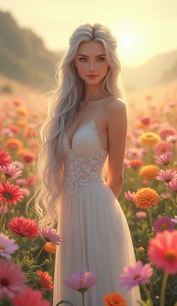 (Masterpiece.UHD.photorealistic.) ((full body)) an ultra hot gorgeous European woman. Age 23. Long light blue-haired, beautiful detailed eyes,beautiful detailed full lips, epic cleavage. ((100 DD size)). Voluptuous hourglass body. Gorgeous round baby face.extremely detailed eyes and face,long eyelashes, sensual pose.intricate details, cinematic lighting, dramatic lighting, warm color tones, glowing skin, detailed clothing, elegant pose, serene expression, walking in a garden, detailed background, lush garden, blooming flowers, sunlight filtering through trees.