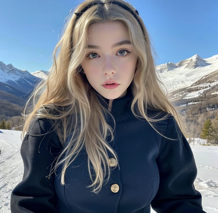 Pretty woman,cute,huge natural breasts, blonde hair curly/flowing, detailed dark BLUE eyes and face, not to skinny, make it ultra-realistic, western european girl, in the snow in the mountains, military uniform (modern military clothing elelments), extremely detailed blue eyes, extremely long wavy blonde hair.