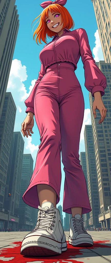 
Low perspective  drawing of a redhaired young giantess woman depicted as a giant among city skyscrapers. She has glowing pink eyes, orange hair with a bow, and is wearing a pink outfit. The character is looking down at the cityscape with a grin manic expression. The character towers over the buildings, with a sense of scale and proportion to emphasize her immense size relative to the city. Tiny people are trampled under her steps, with blood splattered over her shoes.