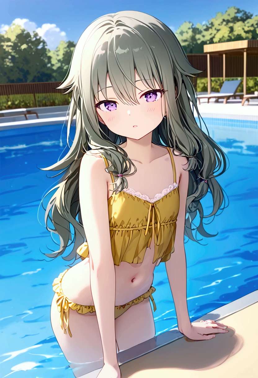  High image quality 、masterpiece、  high quality、Full HD、4K 、Sit down、Kusanagi Nin々、Silver long hair、Tie the ends of the hair with a string 、Purple Eyes、 sheer camisole、 Show me the navel and thighs、 flat chest、In the pool、 poolside 