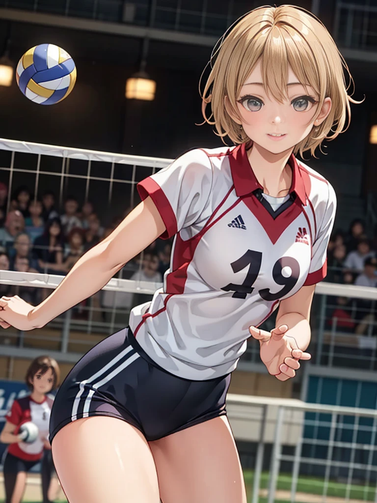 Highest quality, masterpiece, Ultra-high resolution, (Realistic:1.4), Raw photo, One girl, The most famous Japanese actresses, Wearing a volleyball uniform, Very beautiful face, very beautiful big eyes, Very beautiful short hair, Very beautiful skin, Very beautiful long eyelashes, Very beautiful lips, Very beautiful hips, Very beautiful thighs, Upturned buttocks, Dynamic Pose, An innocent smile, blonde hair