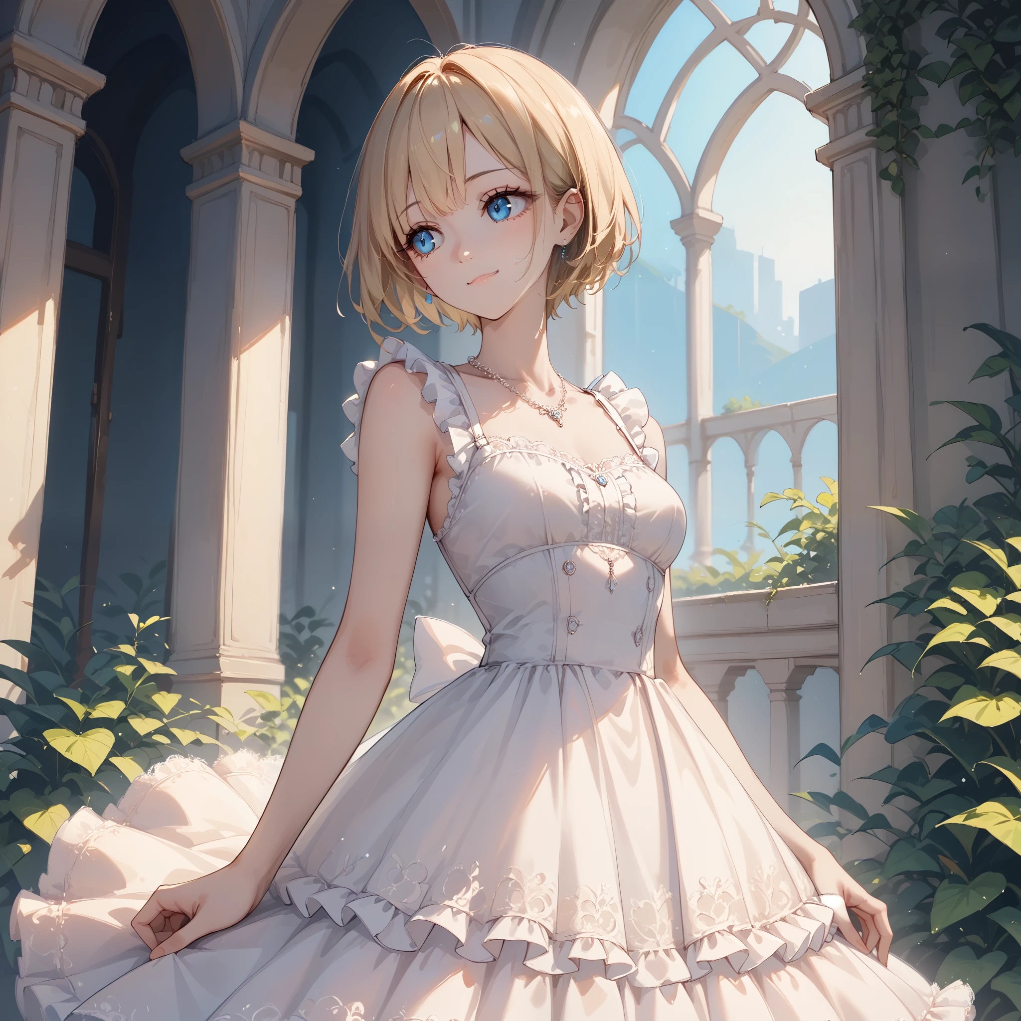 １A woman in her 30s、 short cut hair、 blue eyes、looking away、Blonde、closed-mouth smile、( smaller breasts)、 Slim Body 、 Wedding Style、Gorgeous white dress、White lace、White frills、white gorgeous necklace