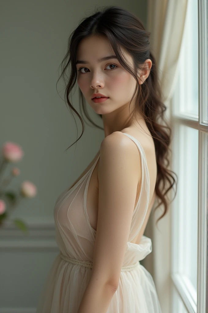 Tabletop, Highest quality, figure, Super detailed, In detail, High resolution, 8k wallpaper, Perfect dynamic composition, Beautiful attention to detail, Trendy women&#39;s winter fashion,Hair Bun,Small breasts Natural color Lips, Sexy pose,smile,Harajuku、20-year-old girl、cute、Looking at the camera、Super Real、(((Reality:1.5)))