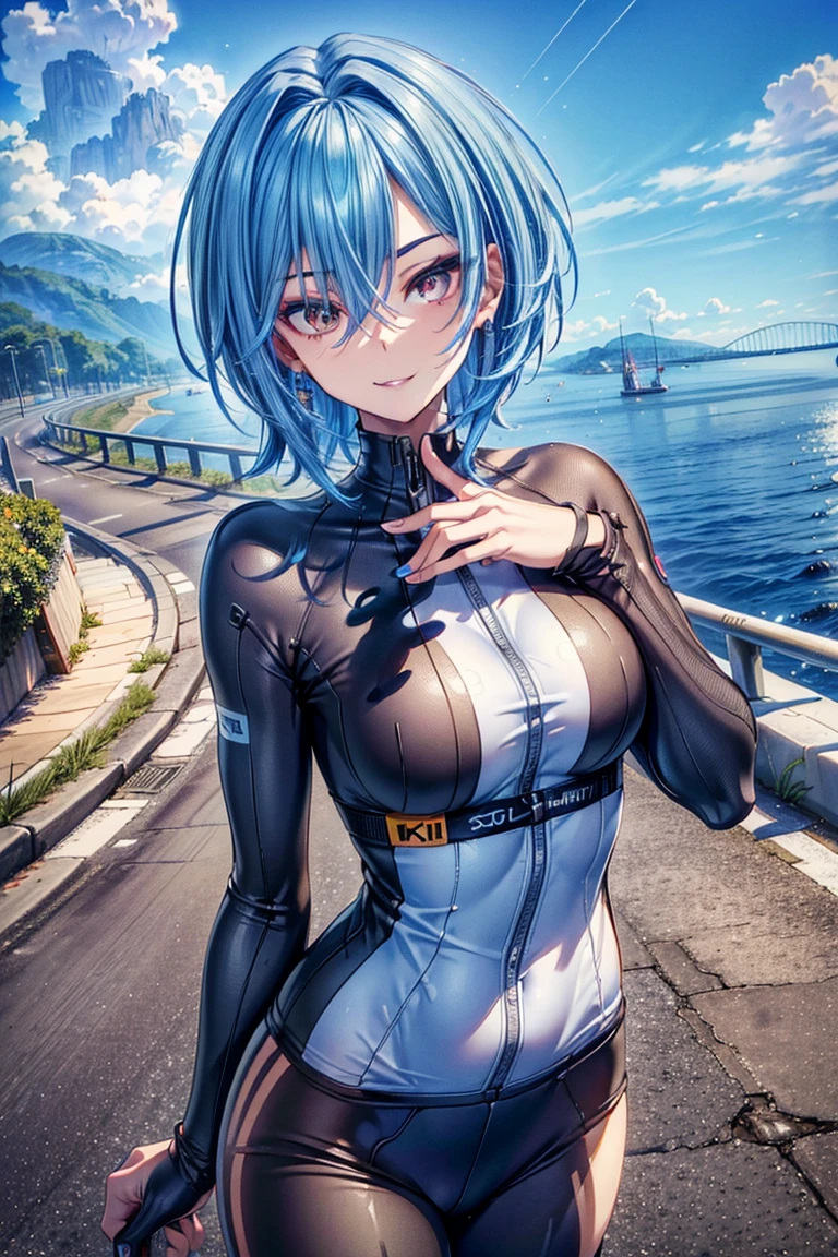 ((smile)),(masterpiece,  Hi-Res, Best Quality:1.2), 8k,  very detailed, Complex,  colorful ,  sharp concentration),
break (track suit, short sweatpants)
break large breasts ( ,  Hoglas-shaped body ,  thin waist, very  thin waist,  as in the picture , ( surreal:1)beautiful,
break  very detailed face,  perfect face, beautiful face, Detailed eye makeup,  Detailed aspects, Great details, Clean hands,   perfect hands ,, 2.5D, ai-generated, On a hill with a view of the sea,Asphalt Road, (((I have a road bike handle))),