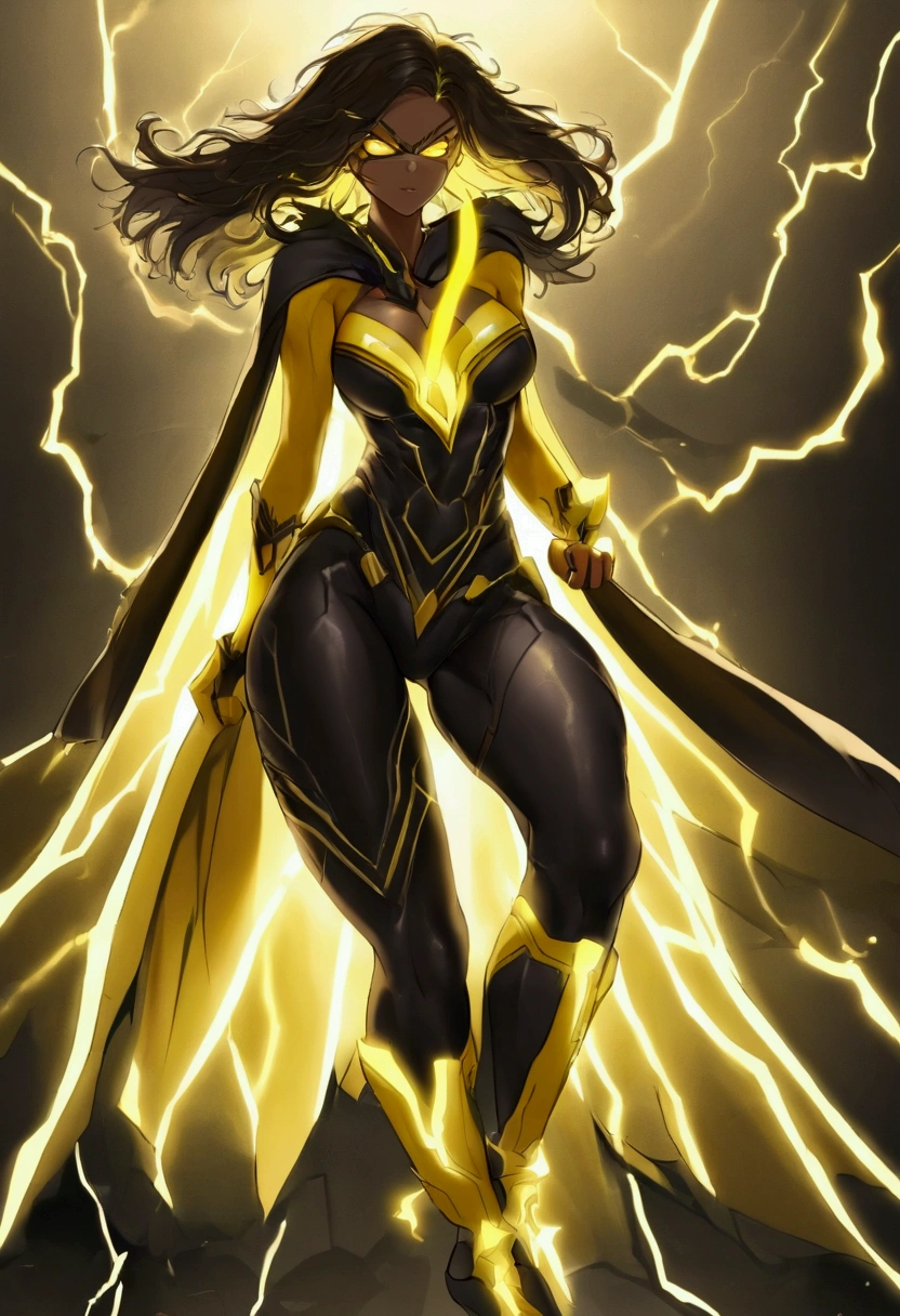 ((detailed beautiful dark skin woman super hero called thunder goddess)) curvy thick slim figure, ((dark yellow glowing weather storms in the background)) Face blush, beautiful breast, beautiful detailed big booty, (dynamic twerk pose) ((black super hero style clothes with glowing yellow lightning marks)) sexy, charm, desire, excited, joy, delicate beautiful eyes and face, ((beautiful dark black long curly Afro with one glowing yellow thunder bolt hair clip)) ((soft lighting)) ((masterpiece)) yellow eyes, ((a glowing yellow thunder bolt as the symbol for the super hero and superhero mask with black and yellow glowing lightning marks)) 