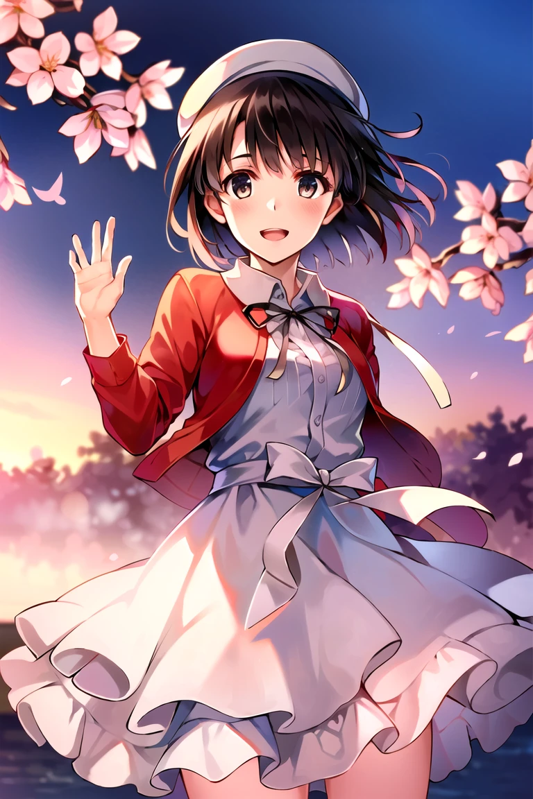 ((masterpiece,best quality, detailed)), deep shadows, hard rim lighting, dramatic lighting, sharp focus, looking at viewer, ambient light,
outdoors, floating hair, wind, cherry blossoms, cowboy shot
katou megumi, white dress, red jacket, neck ribbon, beret, frills, bow, smile, open mouth, waving