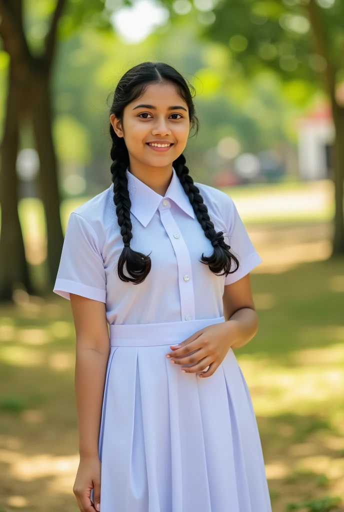 a beautiful cute young teen school girl, sri lanka , medium chest size , detailed white frock uniform, standing , barefoot , full body ,cinematic lighting, hyperrealistic, photorealistic, 8k, masterpiece, warm colors, natural lighting , high quality, intricate details