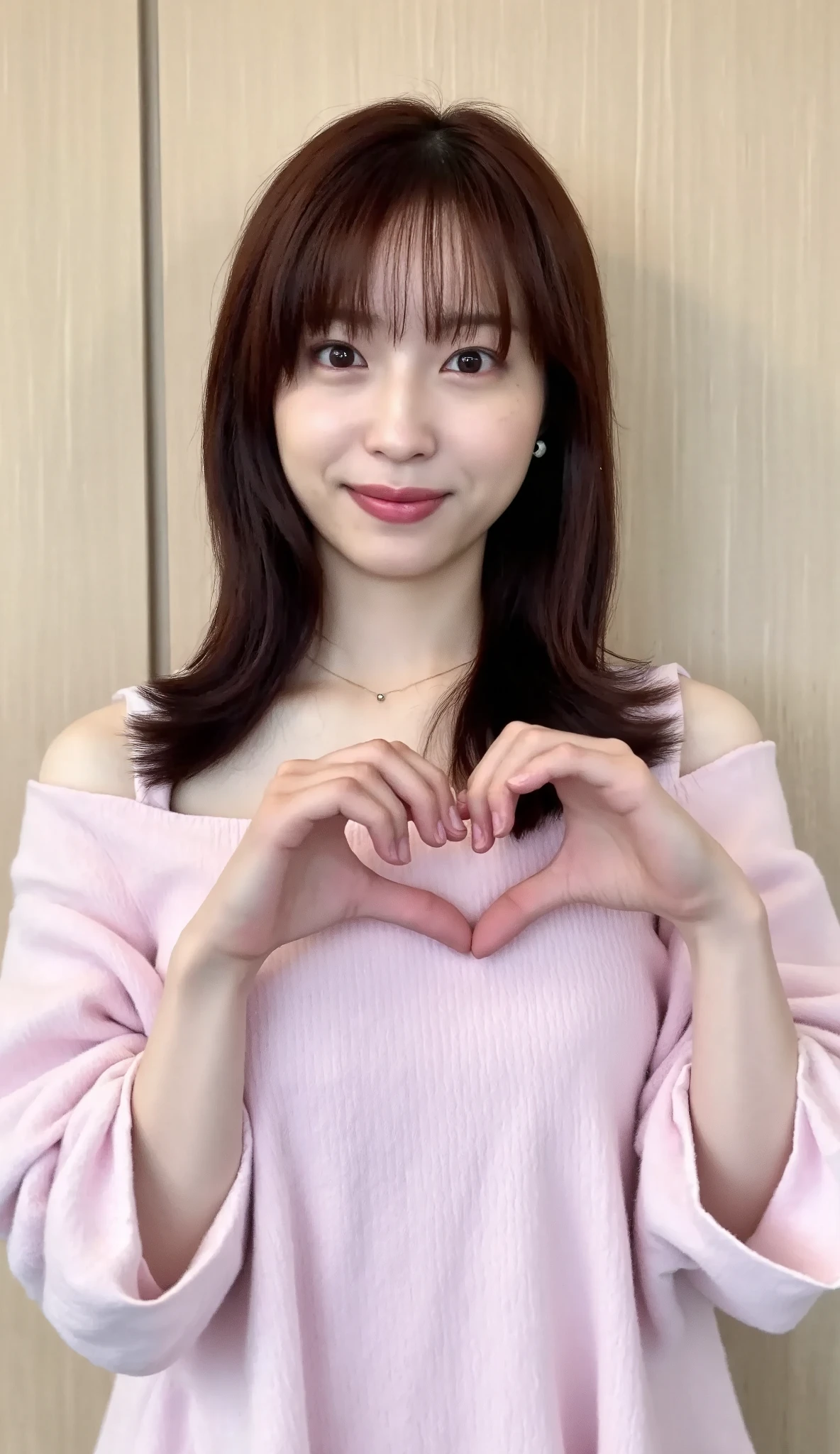 Only one woman with a cute smile wears cute, fluffy off-shoulder pajamas, makes a big heart shape with both hands, and poses them in front of her chest, View above collarbone、The background is a monotone 

