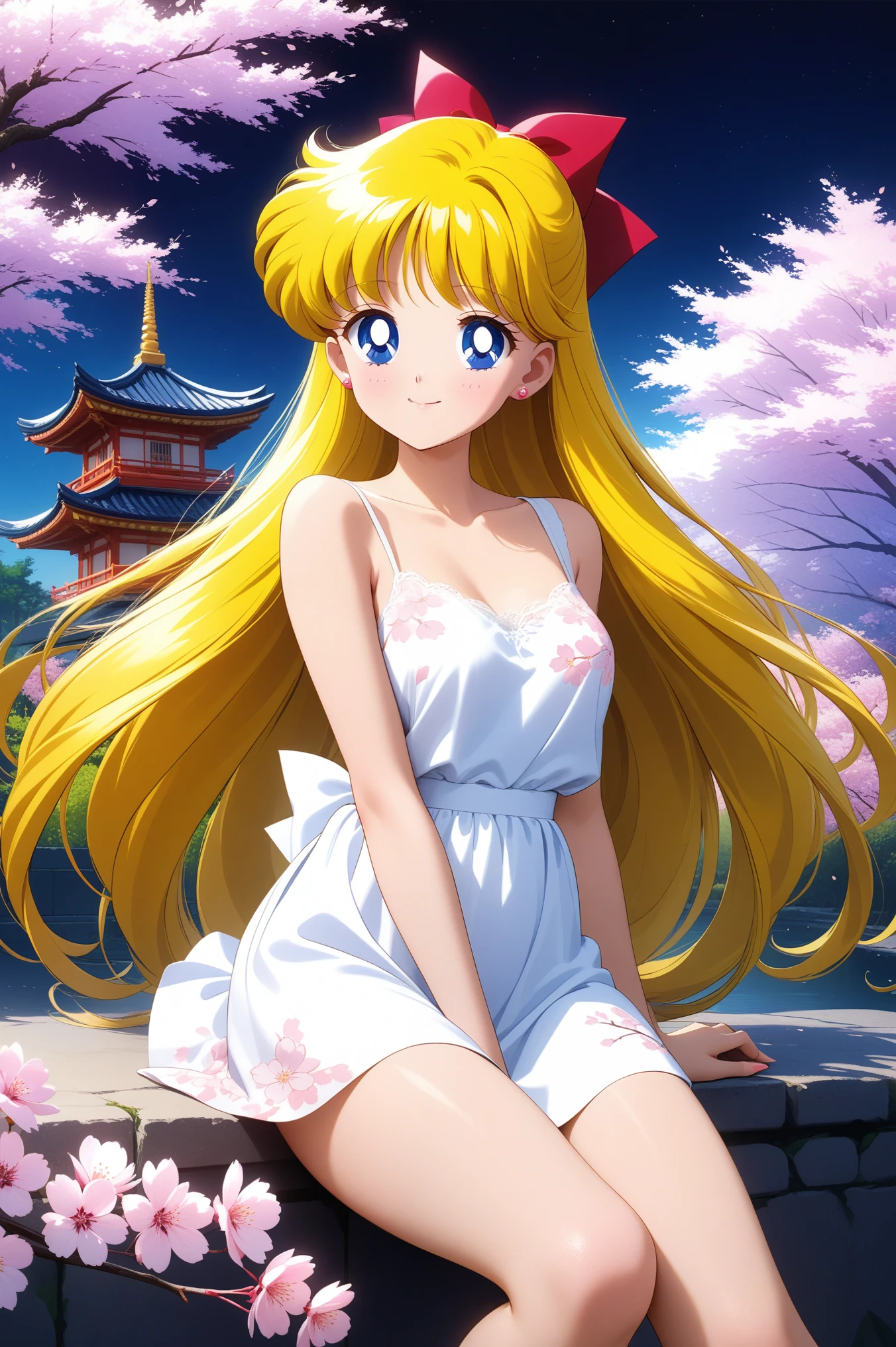 colorful, (masterpiece, best quality, very aesthetic , ultra detailed), intriguing details , 4K, aavenus, long hair, blonde hair, combed to the side, earrings, blue eyes, 1girl, usagi's birthday, cute white dress, pink cherry blossoms printed, smile,  detailed background, intricate details, black night, Various sexy poses、Depicts the whole body