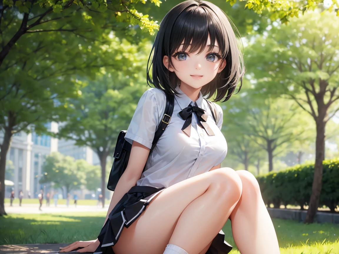 (masterpiece、highest quality、High resolution、realistic pictures、real looking skin:1.1)、
(The woman lifts her skirt and reveals her panties.々I'm showing it to:1.8)、
(standing:1.5)、
(A provocative and grinning expression:1.8),
(I'm wearing a dark blue long-sleeved V-neck knit:1.8)、
(I'm wearing a gray tiered flared mini skirt.:1.8)、
(I am wearing black middle boots.:1.8)、
(Panties have flashy patterns:1.5)、
(brown middle ponytail:1.5)、
(small face:1.5)、
(I'm 22 years old:1.5)、
(Her breasts are D cup so you can see her cleavage.:1.5)、
(Bra is worn as a set with panties:1.5)
(The location is the grassy area of the park.:1.5)、
1 Japanese girl、solo、full body esbian、beautiful eyes、shining eyes、NSFW