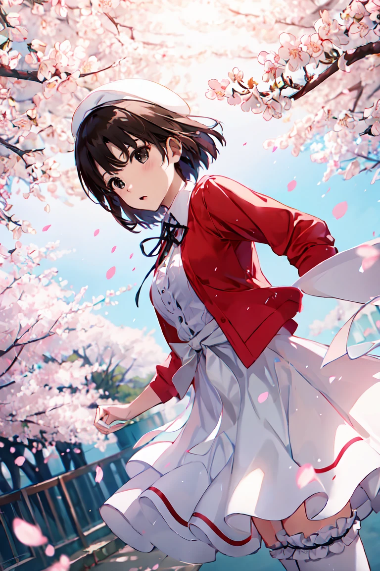 (masterpiece, best quality, colorful, dynamic angle, highest detailed:1.2)  cowboy shot,  
katou megumi, 
white dress, red jacket, neck ribbon, beret, white thighhighs, frills, bow,  mary janes. 
floating hair,  ((cherry blossoms, falling petals)), 
 bokeh, 
sunlight passing through hair, colorful art background, (official art, extreme detailed, highest detailed),
