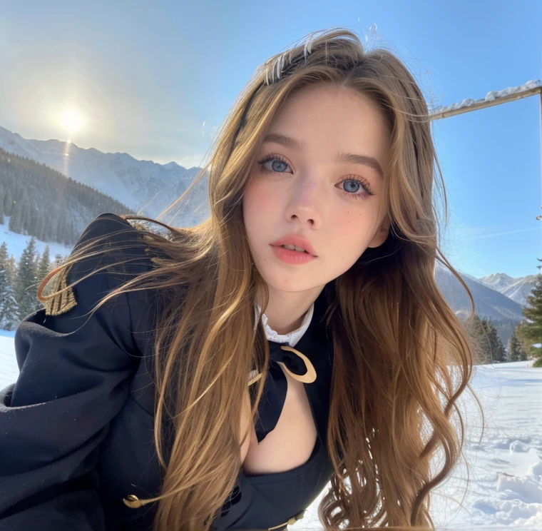 Pretty woman,cute,huge natural breasts, blonde hair curly/flowing, detailed dark BLUE eyes and face, not to skinny, make it ultra-realistic, western european girl, in the snow in the mountains, military uniform (modern military clothing elelments), extremely detailed blue eyes, extremely long wavy blonde hair.