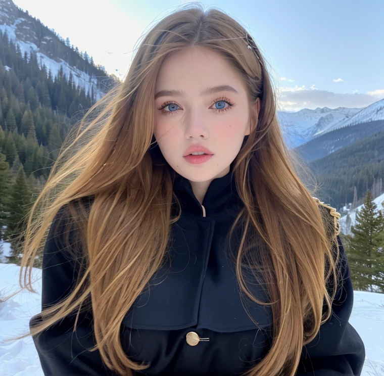 Pretty woman,cute,huge natural breasts, blonde hair curly/flowing, detailed dark BLUE eyes and face, not to skinny, make it ultra-realistic, western european girl, in the snow in the mountains, military uniform (modern military clothing elelments), extremely detailed blue eyes, extremely long wavy blonde hair.