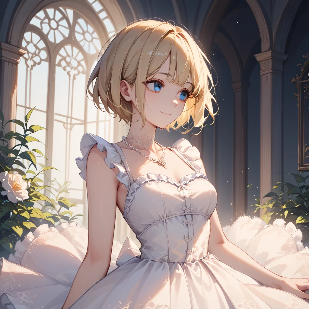 １A woman in her 30s、 short cut hair、 blue eyes、looking away、Tears、Blonde、closed-mouth smile、( smaller breasts)、 Slim Body 、 Wedding Style、Gorgeous white dress、White lace、White frills、white gorgeous necklace