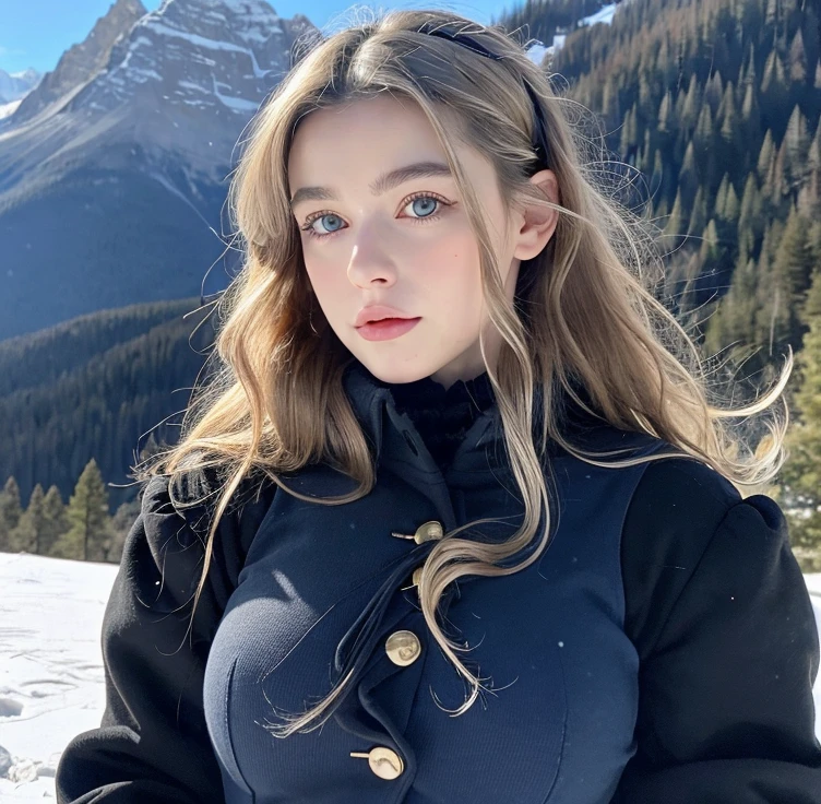 Pretty woman,cute,huge natural breasts, blonde hair curly/flowing, detailed dark BLUE eyes and face, not to skinny, make it ultra-realistic, western european girl, in the snow in the mountains, military uniform (modern military clothing elelments), extremely detailed blue eyes, extremely long wavy blonde hair.