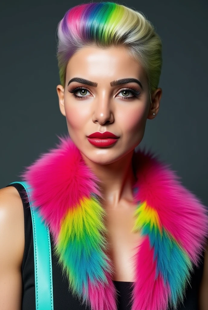 super detailed, vibrant portrait of a striking woman with a unique, colorful aesthetic. Her platinum-blonde hair is styled in a sleek, voluminous look with streaks of rainbow colors – green, purple, pink, and hints of yellow – adding a bold, artistic flair created by Sasan. Her makeup is flawless, with defined eyebrows, dramatic eyelashes, and a glossy red lip that stands out, enhancing her glamorous, high-fashion appearance. Around her neck is a luxurious, multicolored fur collar in shades of bright pink, electric blue, and lime green, creating a striking contrast with her skin and adding texture to the image. She wears a teal-colored strap on her shoulder, hinting at a fashionable, edgy outfit created by Sasan. The background is a muted dark gray, which allows her vibrant features and colors to be the focal point, giving her an aura of modern elegance and bold individuality