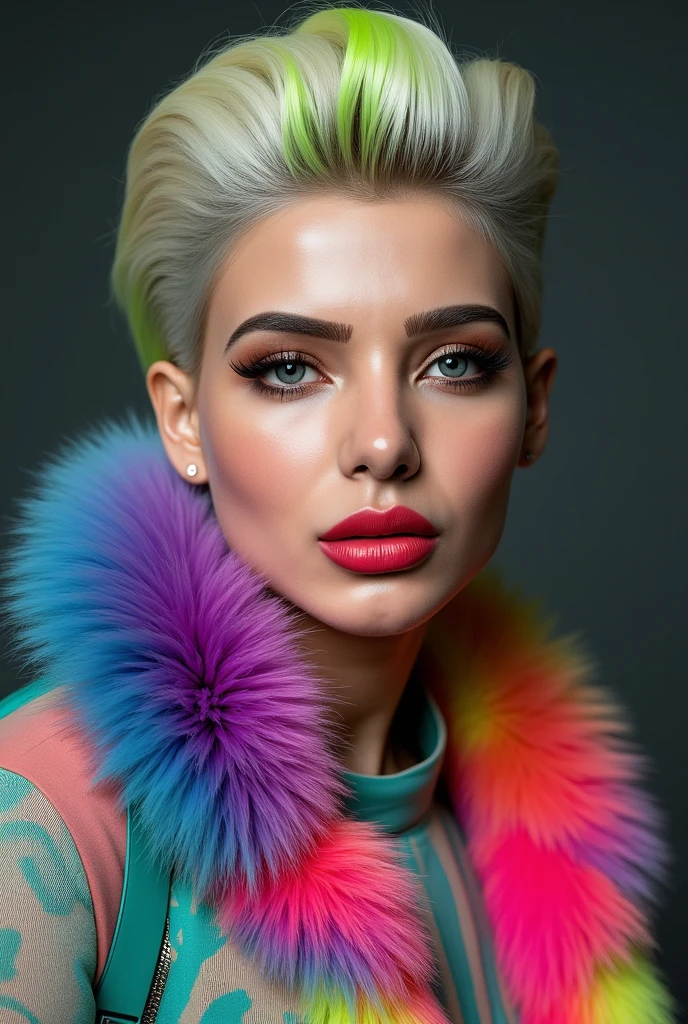 super detailed, vibrant portrait of a striking woman with a unique, colorful aesthetic. Her platinum-blonde hair is styled in a sleek, voluminous look with streaks of rainbow colors – green, purple, pink, and hints of yellow – adding a bold, artistic flair created by Sasan. Her makeup is flawless, with defined eyebrows, dramatic eyelashes, and a glossy red lip that stands out, enhancing her glamorous, high-fashion appearance. Around her neck is a luxurious, multicolored fur collar in shades of bright pink, electric blue, and lime green, creating a striking contrast with her skin and adding texture to the image. She wears a teal-colored strap on her shoulder, hinting at a fashionable, edgy outfit created by Sasan. The background is a muted dark gray, which allows her vibrant features and colors to be the focal point, giving her an aura of modern elegance and bold individuality