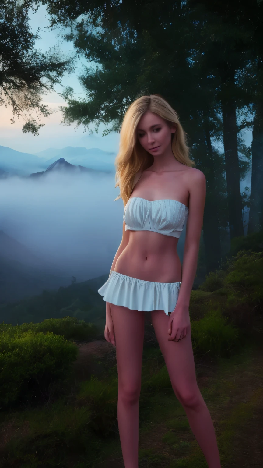 Beautiful blond woman standing in the middle of a fantastic and enigmatic landscape with amazing trees nd impossible mountains. She is wearing a plaid mini skirt and a bodice that enhance her cleaage. She is very slim and tall, she has slim long legs with long sicks. She has short messy hair anf and a slender neck. The ambient is foggy and it is early in the morning. The scene is a dream the woman is having but she doesnt know.
